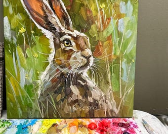 Peinture à l'huile de lapin, portrait original de lièvre impressionniste