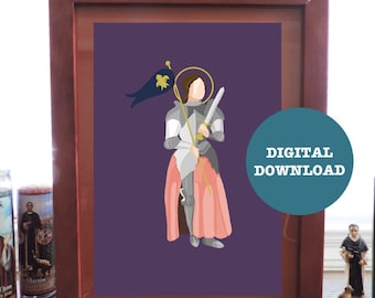 May include: Digital download of a printable art print featuring a stylized illustration of a female figure in armor holding a sword and a banner with a fleur-de-lis. The background is a deep purple color.