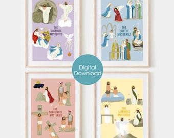 Mysteries of the Rosary Set of 4 Minimalist Prints - DIGITAL DOWNLOAD