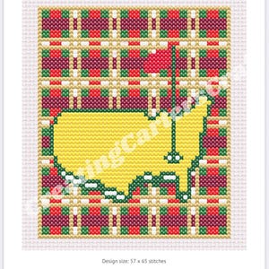 May include: A cross-stitch design featuring a yellow shape with a golf flag, set against a red and green plaid background. The design is framed with a beige border. The design size is 57 x 65 stitches.