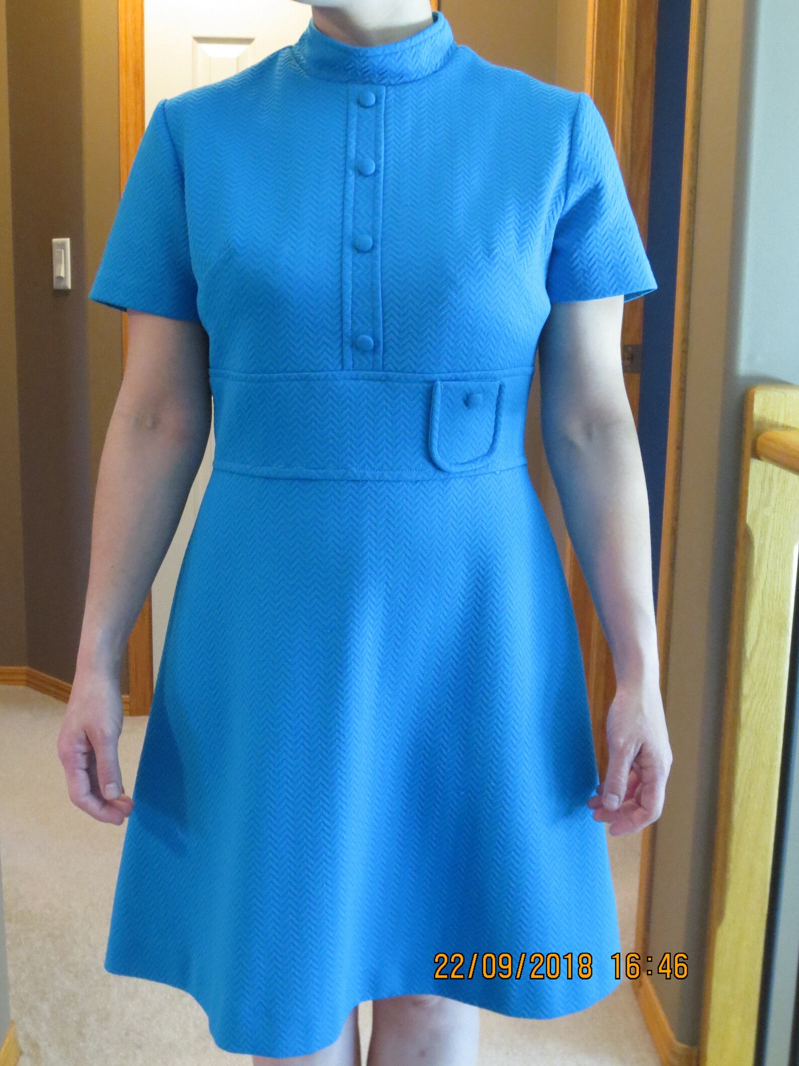 60s 70s Blue Vintage Mod Scooter Dress Textured Polyester Chevron Shift