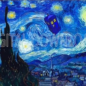 May include: A blue TARDIS, a time-traveling vehicle from the Doctor Who television series, flies through a swirling blue sky with yellow stars. The sky is painted in the style of Vincent van Gogh's Starry Night.