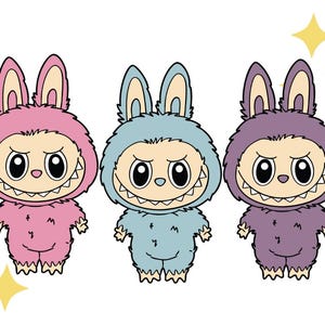 May include: Three cartoon figures in bunny costumes, each in pink, light blue, and purple. They have big eyes, toothy grins, and fluffy fur. Yellow starbursts are in the background.