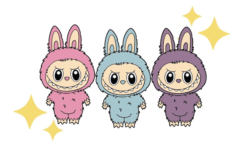 May include: Three cartoon figures in bunny costumes, each in pink, light blue, and purple. They have big eyes, toothy grins, and fluffy fur. Yellow starbursts are in the background.