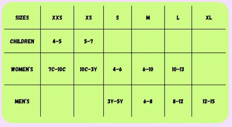 May include: A size chart with a light green background and black grid lines. The chart lists sizes for children, women's, and men's clothing, with corresponding numerical size ranges for each category. The text is in black.