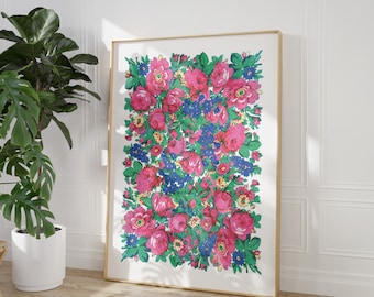 Grandma&#39;s Blooms | Hmong Wall Art, Floral Art, Watercolor Flowers, Flower Pattern Wall Art, Hmong Wall Art Digital Download