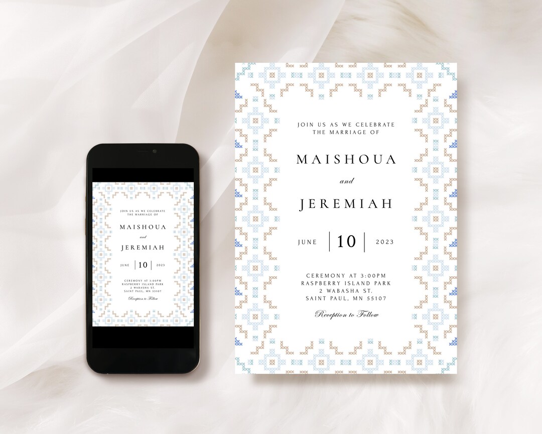 Dusty Blue Cross Stitch | Digital Invitation Template, Wedding ...