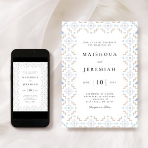Dusty Blue Cross Stitch | Digital Invitation Template, Wedding Invitation, Editable Save the Date Invitation, Hmong Wedding Design