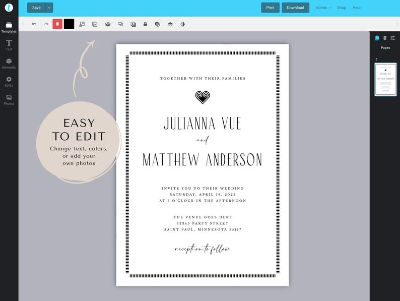 Classic Black & White | Digital Invitation Template, Double-sided ...