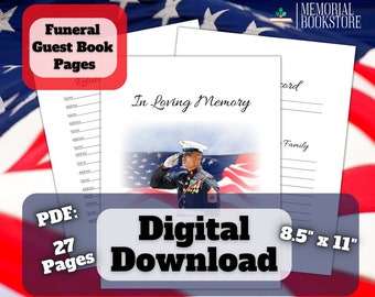 American Patriot Funeral Guest Book Pages, Custom Veteran pdf Digital Download, Celebration of Life Custom Photo, 27 Pages Size 8.5&quot; x 11&quot;