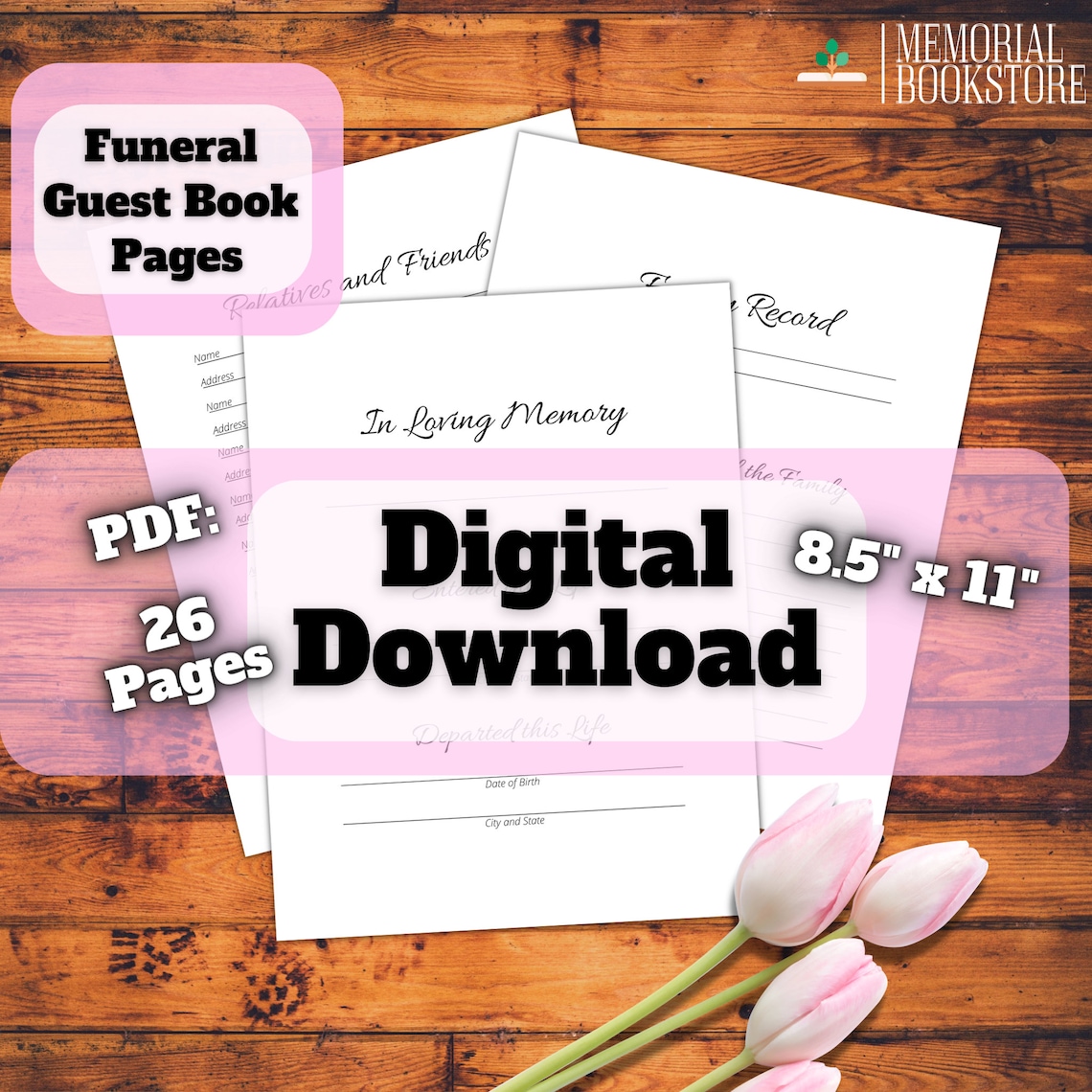 Funeral Guest Book Pages-instant Digital Download-pdf-26 Pages-size 8.5 ...
