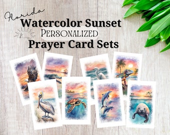 Handmade Custom Watercolor Florida Sunset Prayer Cards, Personalized Memorial Cards, Laminated Bereavement Cards for Funerals, Celebrations