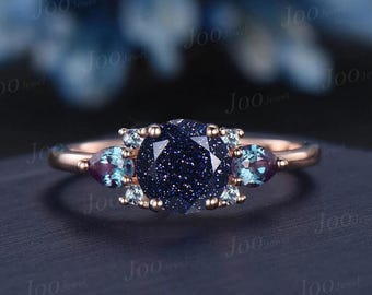 1.2CT Round Galaxy Blue Sandstone Engagement Ring, Color-Change Alexandrite Sandstone Wedding Ring, Rose Gold Starry Sky Promise Ring Women