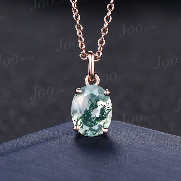 Oval Natural Moss Agate Necklace Solid 14k/18k Rose Gold Vintage Unique Personalized Wedding Pendant For Women Her Anniversary Bridal Gifts