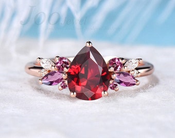 1.25ct Pear Shaped Ruby Engagement Ring 10K Rose Gold Pink Tourmaline Cluster Wedding Ring Vintage Nature Inspired Moissanite Promise Rings