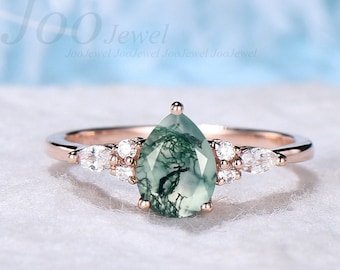 1.25ct Natural Moss Agate Ring Sterling Silver Pear Ring Unique Cluster Engagement Ring Aquatic Green Agate Promise Wedding Ring Woman