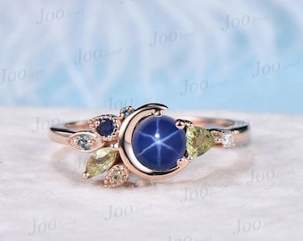Round Star Sapphire Engagement Ring Moon Wedding Ring Personalized Peridot Milgrain Multi-Stone Cluster Engagement Ring Unique Promise Ring
