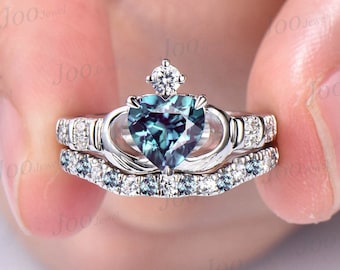 Alexandrite Engagement Ring Set June Birthstone Celtic Claddagh Engagement Ring Irish Promise Ring Women Anniversary Gift Heart Wedding Ring