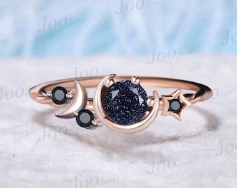 5mm Round Galaxy Blue Sandstone Engagement Ring Starry Sky Moon Star Cluster Ring Black Gemstone Celestial Ring Asymmetrical Promise Rings