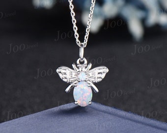 14K Solid Gold Honey Bee Necklace White Fire Opal Pendant Personalized Cute Honey Bee Opal Jewelry Women October Birthstone Birthday Gifts