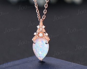 Teardrop Cut White Fire Opal Necklace Solid 14k/18k Rose Gold Branch Floral Pendant for Women Dainty Anniversary Bridal Gift Mother Jewelry