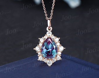 Unique Pear Alexandrite Necklace Rose Gold Halo Moissanite Diamond Necklace Pendant for Women Bridal Anniversary Gifts Alexandrite Jewelry