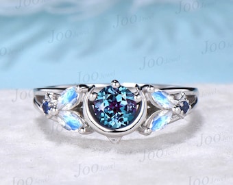 Color-Change Alexandrite Engagement Ring Half Moon Star Ring White Gold Split Shank Design Moonstone Celestial Wedding Ring Platinum Rings