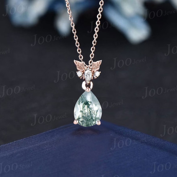 Pear Green Moss Agate Moissanite Drop Necklace Solid 14k/18k Rose Gold Leaf Floral Nature Inspired Pendant For Women Anniversary Gift Mother