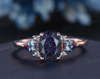 Unique 1.5ct Galaxy Starry Sky Oval Cut Blue Sandstone Engagement Ring Vintage Color-Change Alexandrite Wedding Ring Jewelry Gift For Women