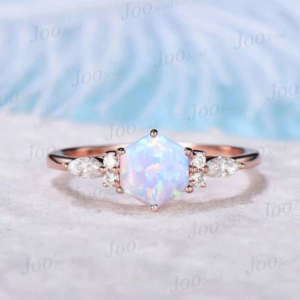 1ct Hexagon Cut White Opal Promise Rings Rose Gold Silver Fire Opal Wedding Ring October Birthstone Jewelry Unique Birthday/Anniversary Gift