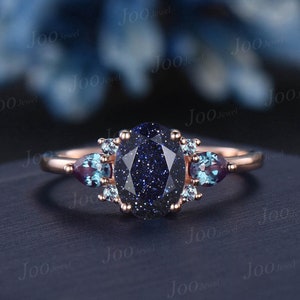 Unique Galaxy Healing Oval Blue Sandstone Engagement Wedding Ring
