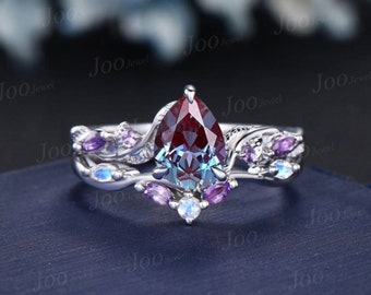 Nature Inspired Color-Change Alexandrite Amethyst Bridal Set Twig Vine Engagement Ring Pear Alexandrite Ring June Birthstone Wedding Gifts