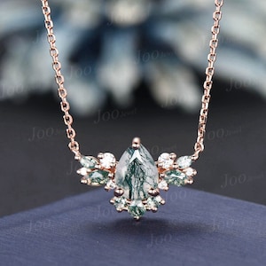 Natural Pear Moss Agate Necklace 14K/18K Rose Gold Green Gemstone Necklace Vintage Cluster Marquise Moss Agate Moissanite Butterfly Pendant