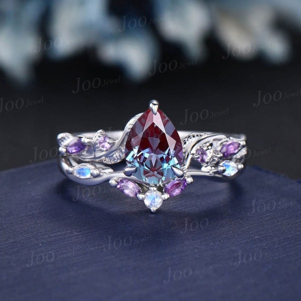 Nature Inspired Color-Change Alexandrite Amethyst Bridal Set Twig Vine Engagement Ring Pear Alexandrite Ring June Birthstone Wedding Gifts