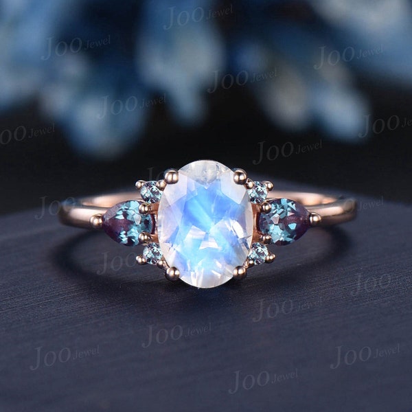 1.5ct Oval Natural Blue Moonstone Engagement Ring Vintage Color-Change Pear Alexandrite Wedding Ring June Birthstone Birthday/Promise Gifts