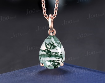 Natural Teardrop Moss Agate Necklace Silver/Solid 14k/18k Rose Gold Vintage Personalized Wedding Pendant For Women Anniversary Bridal Gifts