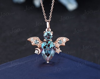Teardrop Alexandrite Pendant Solid 14k Rose Gold Moon Star Diamond Bat Necklace Antique Vintage June Birthstone Gemstone Necklace For Women