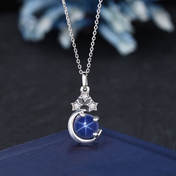 Sterling Silver Moon Star Necklace Round Lindy Star Sapphire Pendant Vintage Gemstone Unique Personalized Anniversary/Birthday Gifts for Her