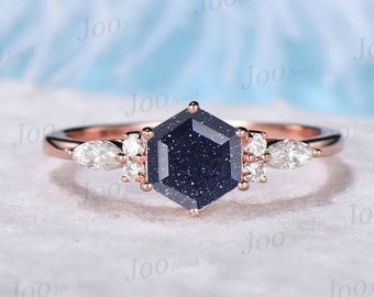 Galaxy Blue Sandstone Ring Sterling Silver Hexagon Blue Sandstone Engagement Ring Goldstone Ring Rose Gold Anniversary Promise Ring for Her