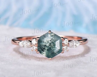 Hexagon Natural Moss Agate Engagement Ring Vintage Hexagon Ring Agate Ring for Women 7 Stone Ring Green Gemstone Ring Anniversary Gift