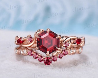 Nature Inspired Twist Ruby Ring Set Rose Gold 1ct Hexagon Branch Red Ruby Engagement Ring July Birthstone Bridal Set Unique Anniversary Gift