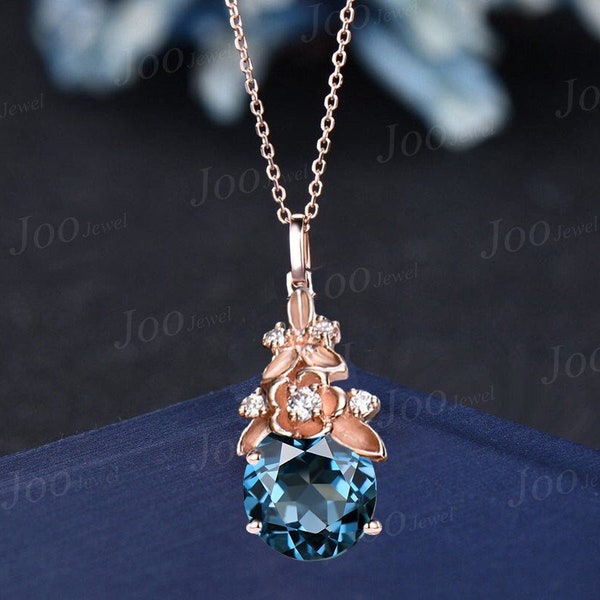 Round Cut Natural London Blue Topaz Necklace Solid 14K Rose Gold Branch Floral Gemstone Pendant for Women Dainty December Birthstone Gifts