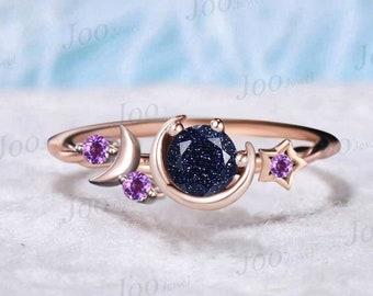 Rund geschnitten blauen Sandstein Verlobungsring Sternenhimmel Mond Sternhaufen Ring lila Amethyst himmlischen Ring Einzigartige asymmetrische Versprechen Ringe