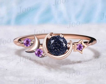 Round Cut Blue Sandstone Engagement Ring Starry Sky Moon Star Cluster Ring Purple Amethyst Celestial Ring Unique Asymmetrical Promise Rings