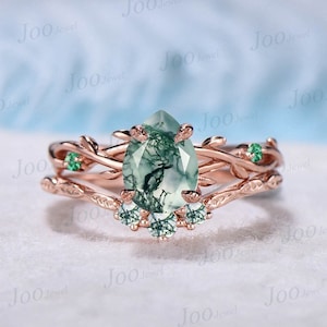 1.25ct Nature Inspired Pear Moss Agate Ring Twig Engagement Ring Set Green Gemstone Jewelry Emerald Branch Vine Wedding Ring Moss Bridal Set
