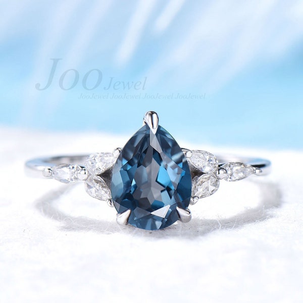 Nature London Blue Topaz Ring Vintage Sterling Silver Pear Topaz Engagement Ring December Birthstone Unique Dainty Ring Anniversary Ring Her