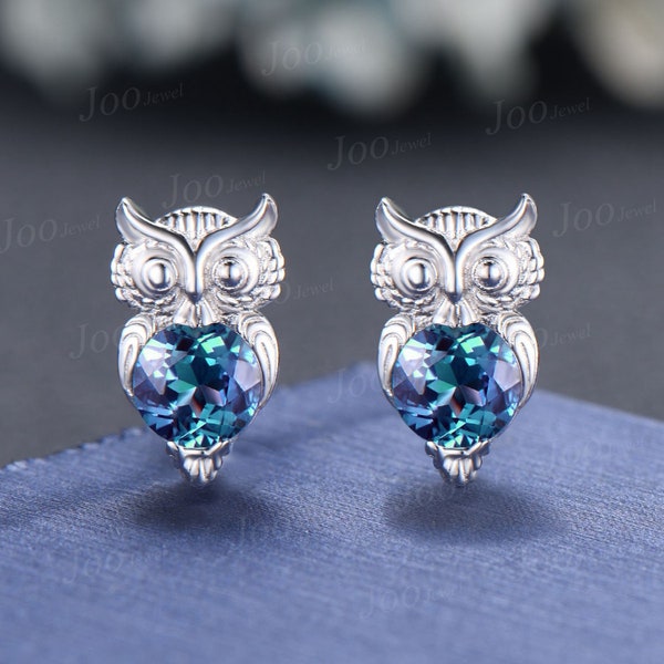 Cute Owl Alexandrite Stud Earrings Sterling Silver Round Color-Change Alexandrite Hypoallergenic Earrings Animal Inspired Gemstone Jewelry