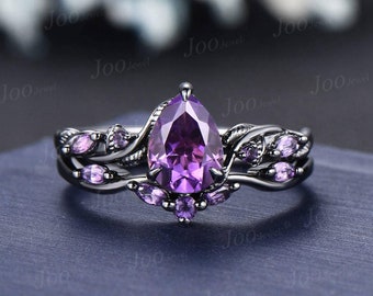 Zweig-Rebe Natürlicher Amethyst-Schwarz-Gold-Braut-Set Februar Birthstone 1.25ct Birne Natur inspiriert Amethyst Ring lila Kristall Ehering