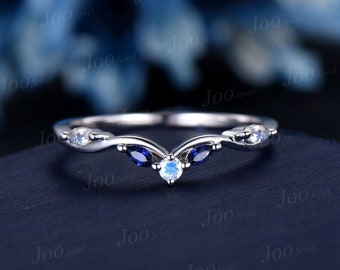 Marquise Natural Moonstone Contour Wedding Band 10K White Gold Blue Sapphire Nesting Band Unique Vintage Stacking Matching Bridal Gift Women