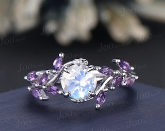 1CT Round Cut Natural Moonstone Leaf Engagement Ring Cluster Marquise Amethyst Wedding Ring in Sterling Silver June February Birthday Gifts